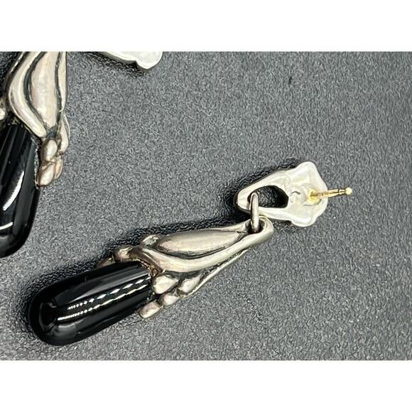 White Gold Posts black dangle earrings Silver tone caps - Picture 8 of 14